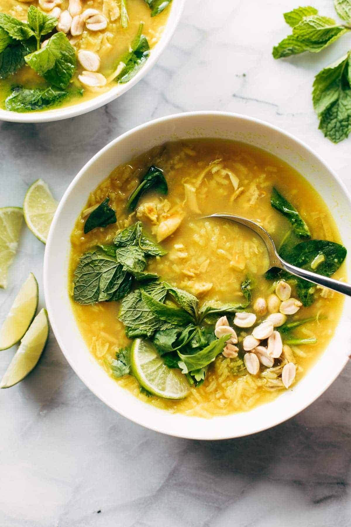 Chicken and rice soup in a bowl.