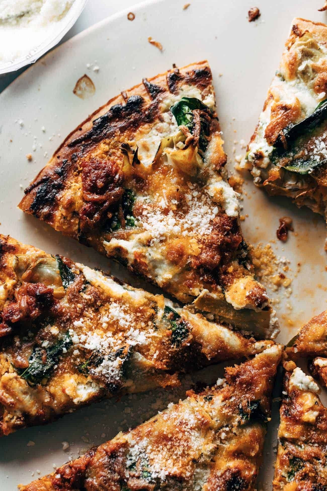 Spinach artichoke pizza.
