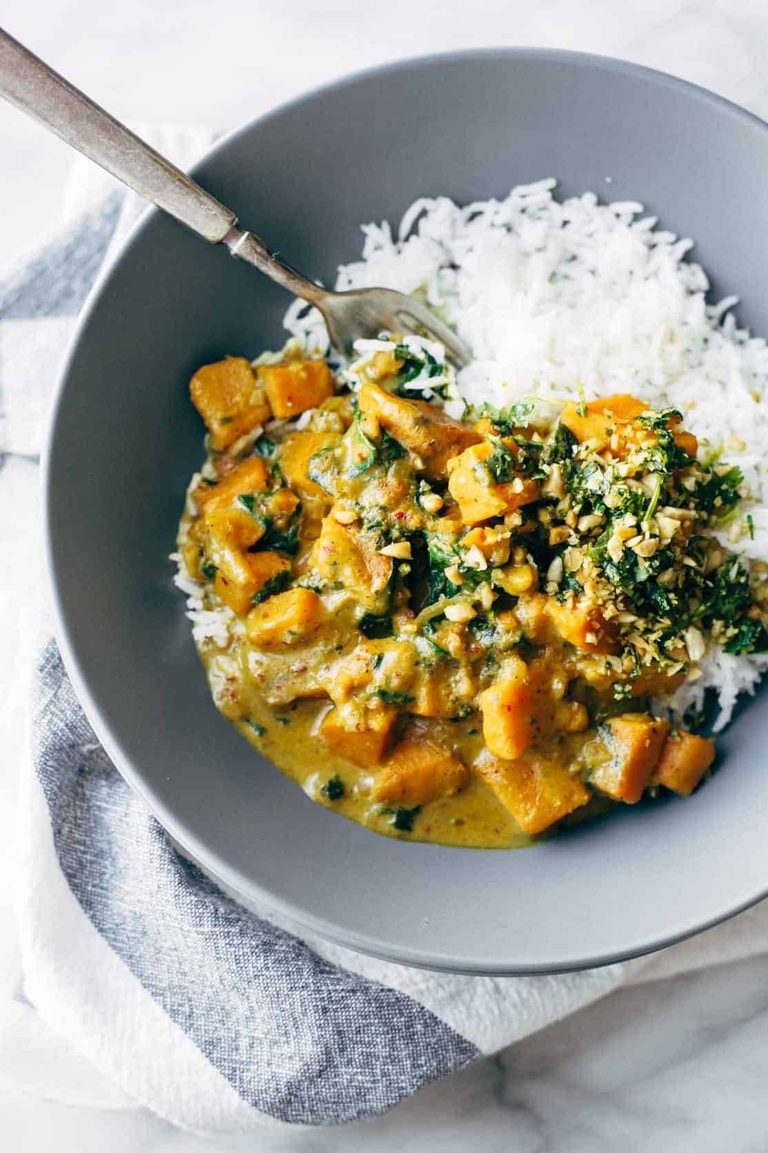 Sweet potato curry with rice in a bowl.